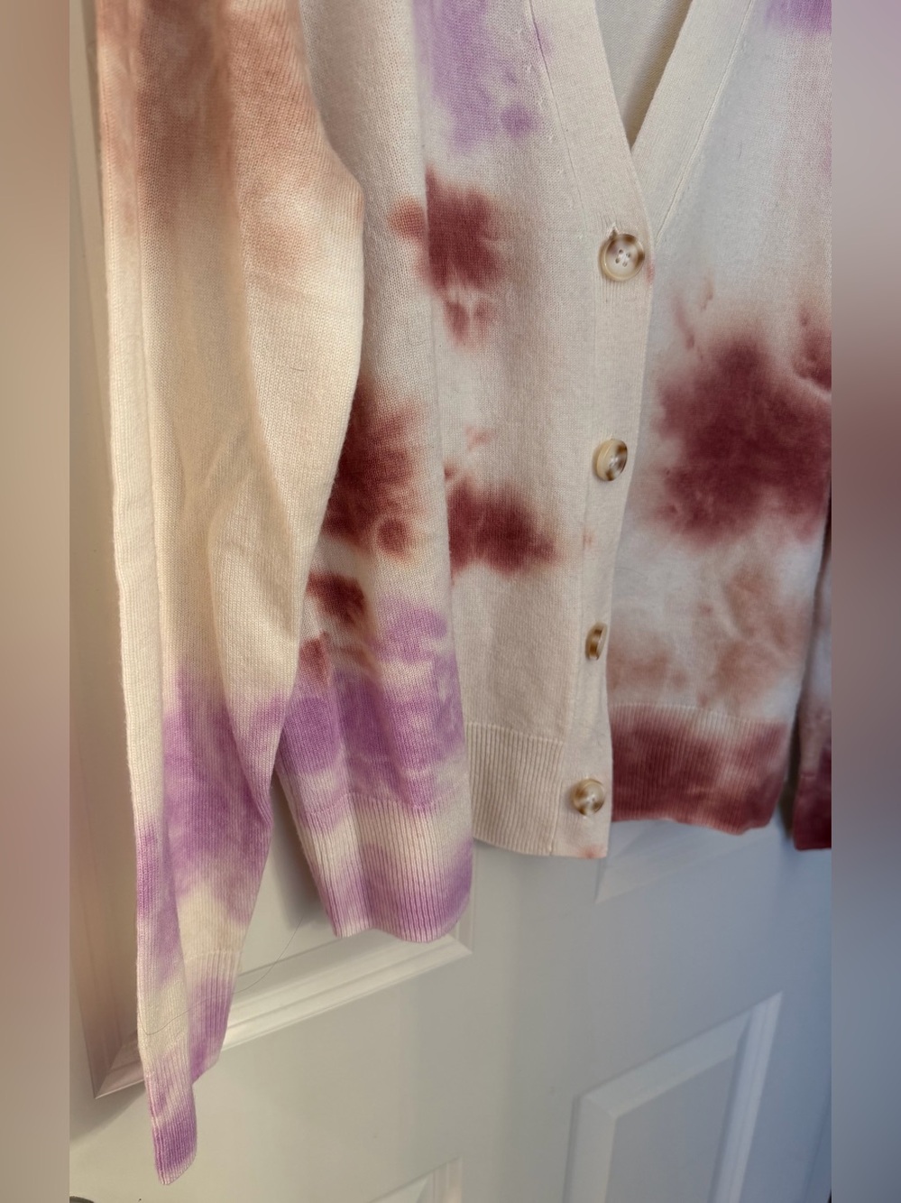 Lilla P Wool Cashmere Tie Dye Cardigan, Ivory/Rust/Purple, Size M - Picture 3 of 12